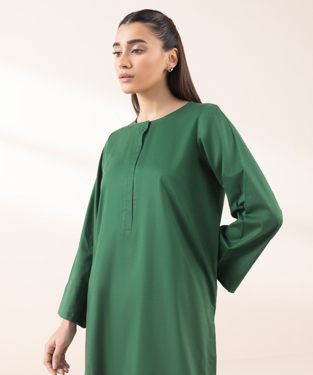 Women's Pret Cotton Viscose Green Solid A-Line Shirt