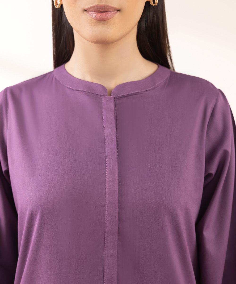 Women's Pret Cotton Viscose Purple Solid A-Line Shirt