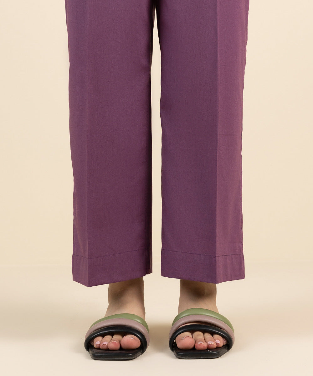 Women's Pret Cotton Viscose Purple Solid Straight Pants