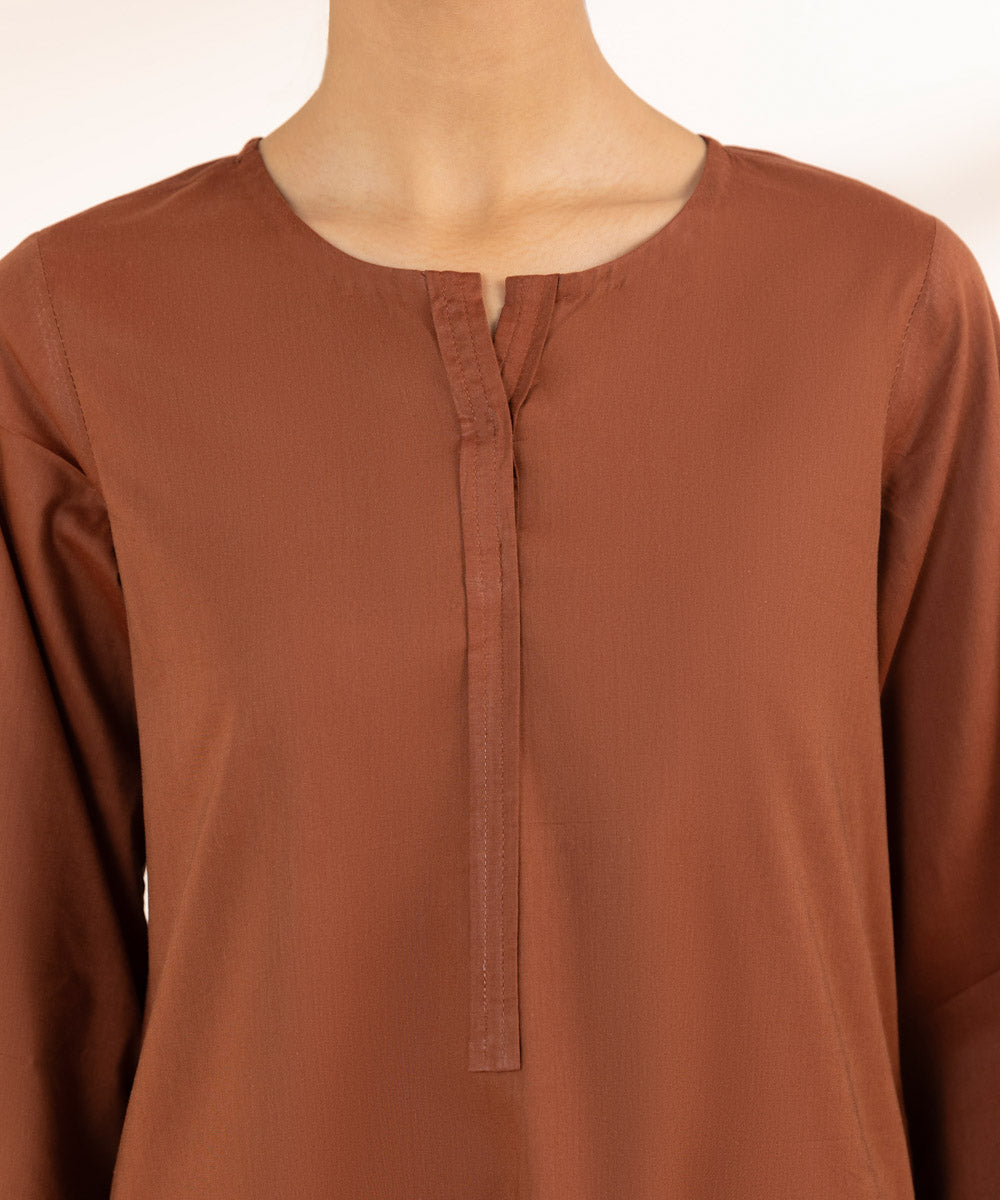 Women's Pret Cotton Viscose Brown Solid Straight Shirt