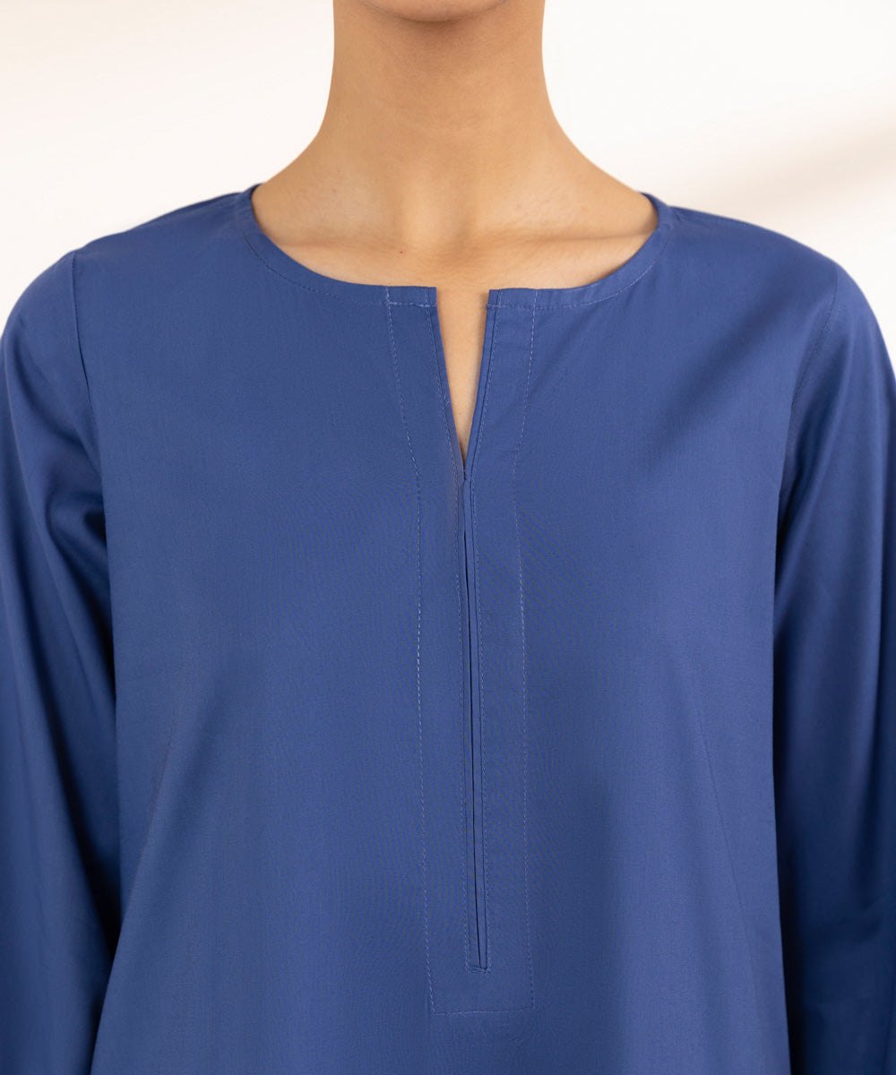 Women's Pret Cotton Viscose Blue Solid A-Line Shirt