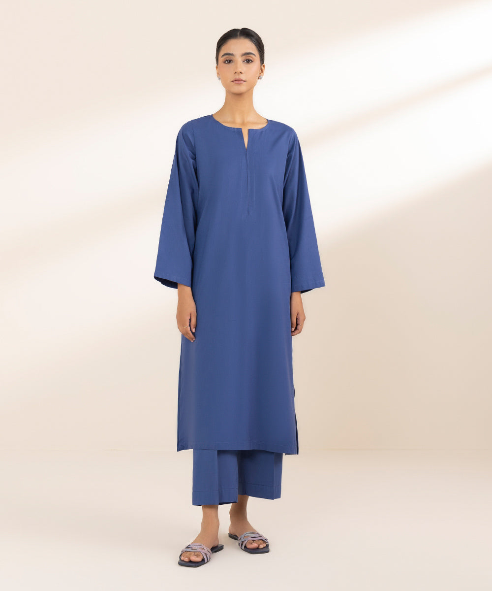 Women's Pret Cotton Viscose Blue Solid A-Line Shirt