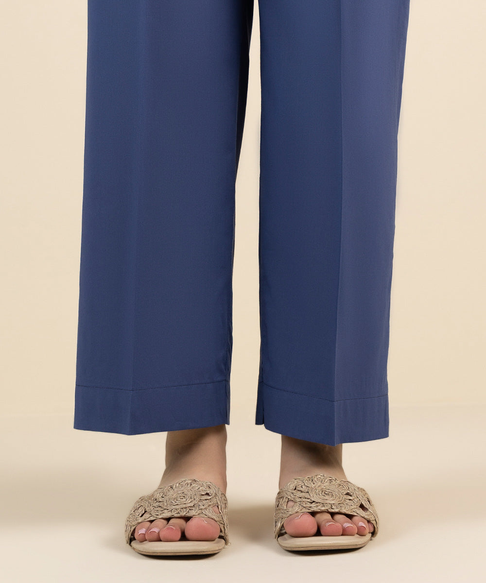 Women's Pret Cotton Viscose Blue Solid Straight Pants