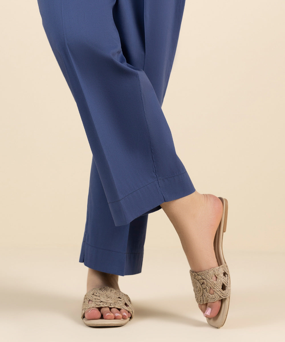 Women's Pret Cotton Viscose Blue Solid Straight Pants