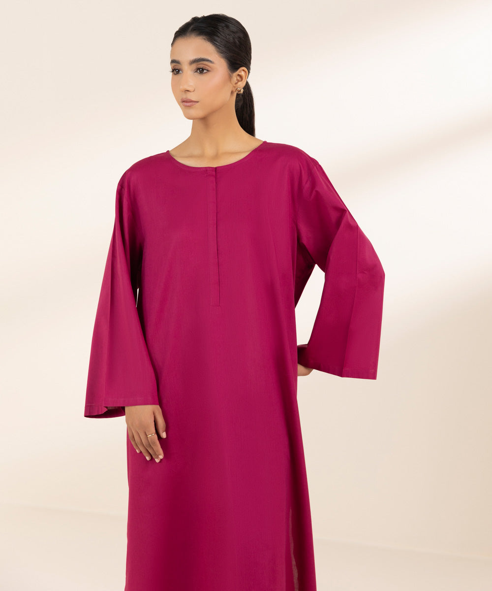 Women's Pret Cotton Viscose Pink Solid A-Line Shirt