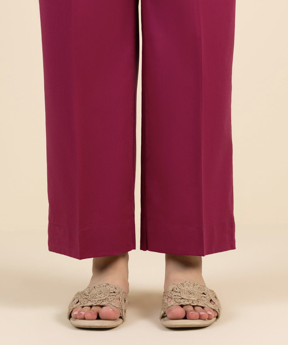 Women's Pret Cotton Viscose Red Solid Straight Pants