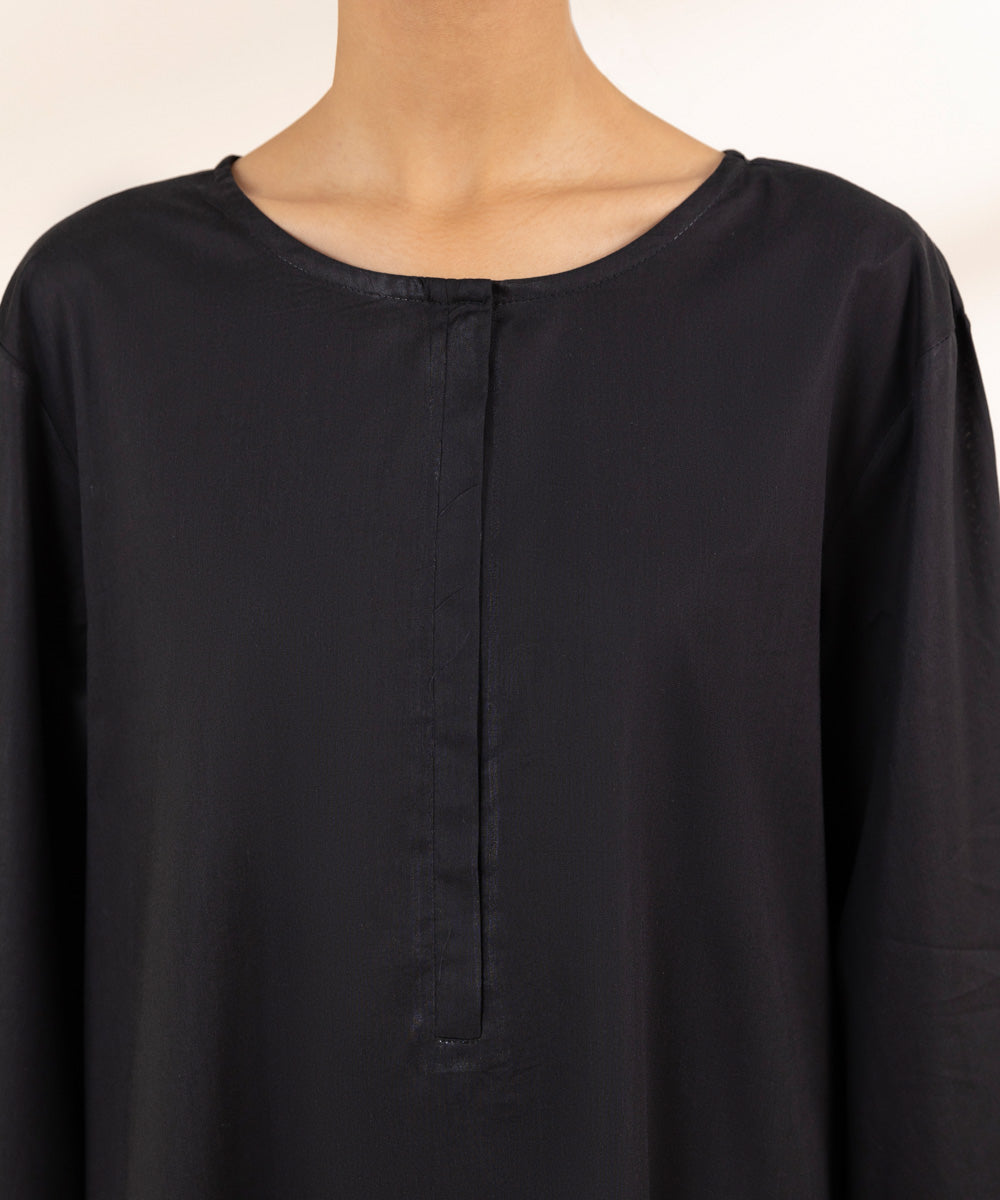 Women's Pret Cotton Viscose Black Solid A-Line Shirt