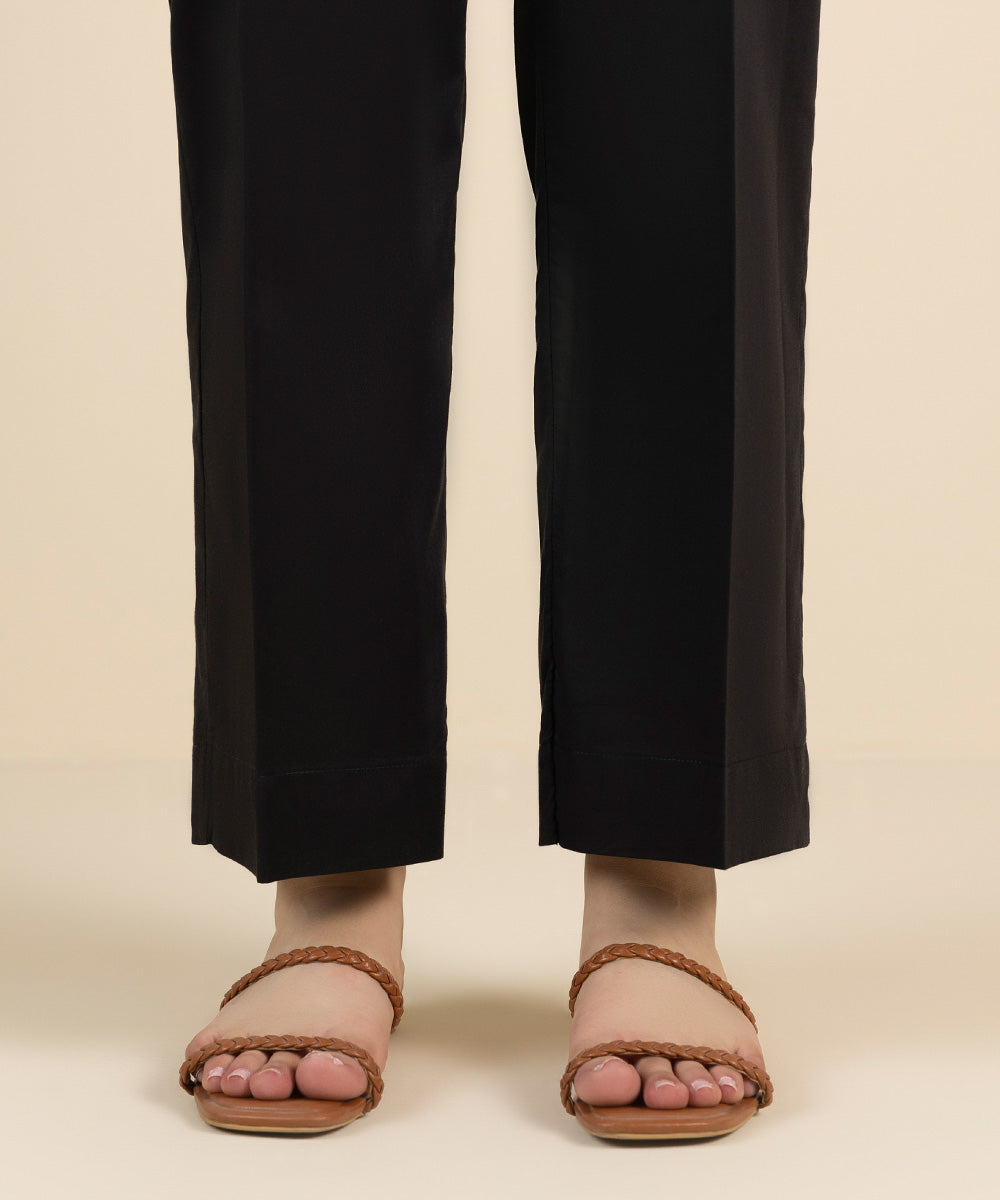 Women's Pret Cotton Viscose Black Solid Straight Pants