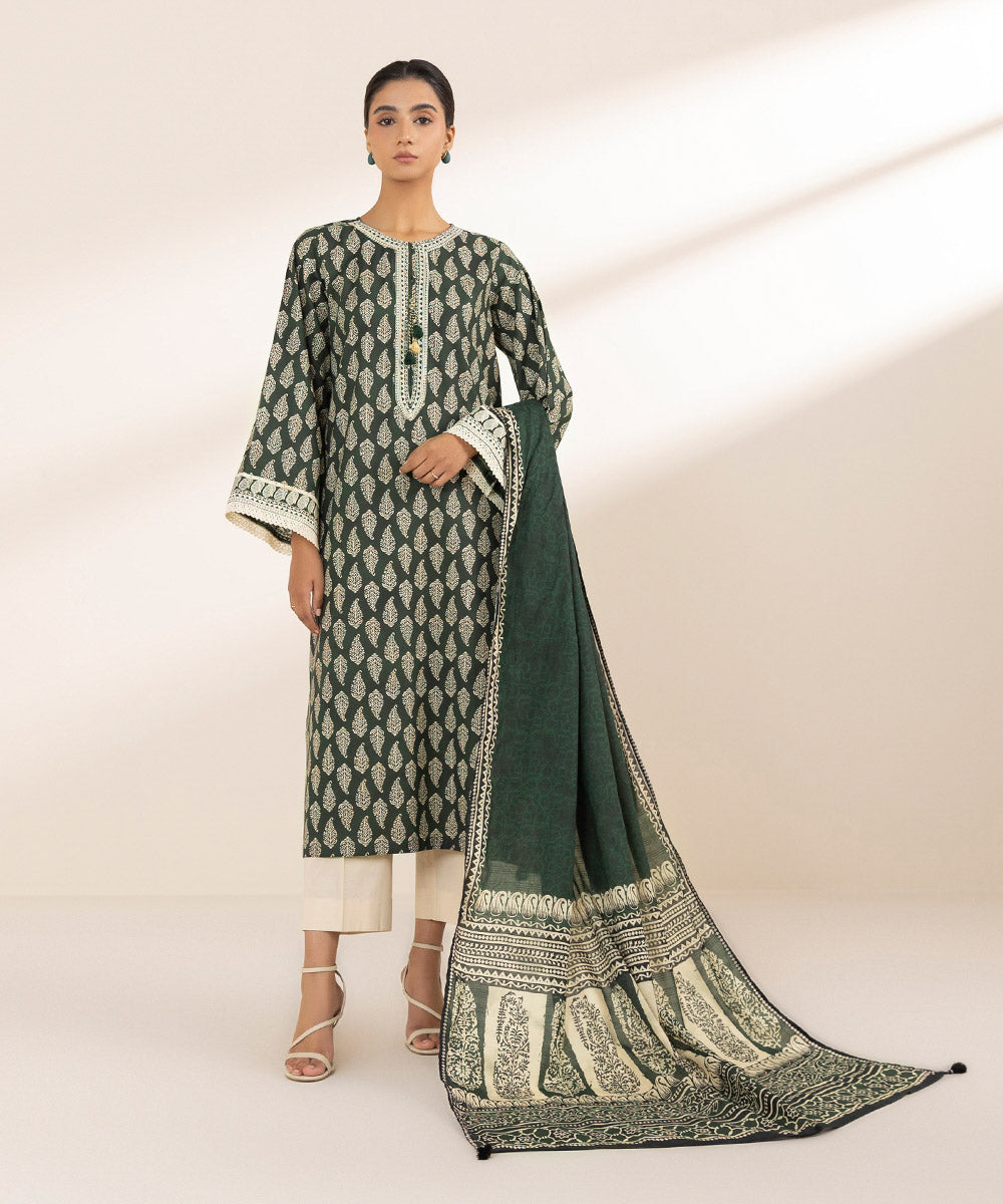 Women's Textured Voile Green Printed Dupatta