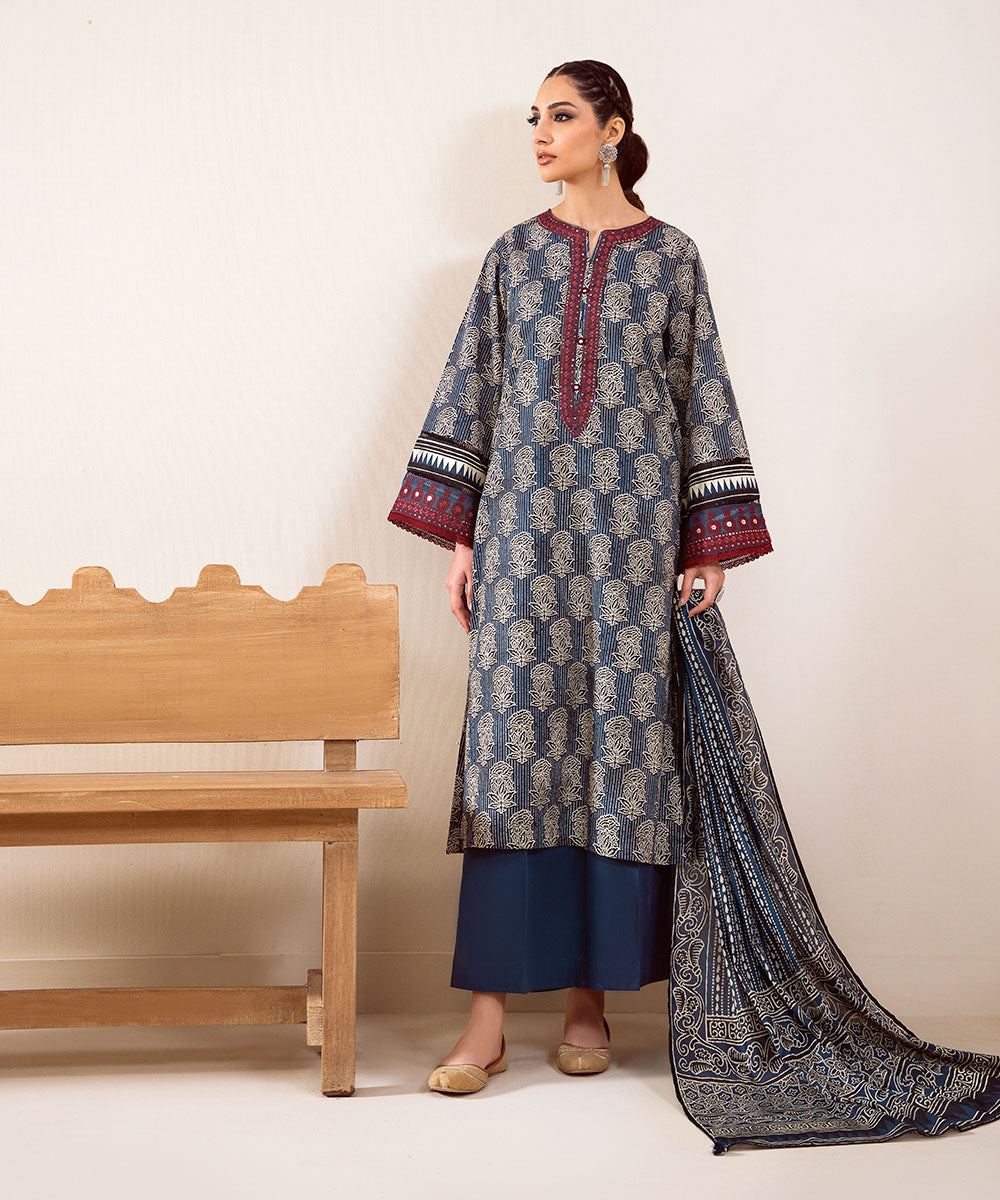 Women's Fine Voile Blue Printed Dupatta