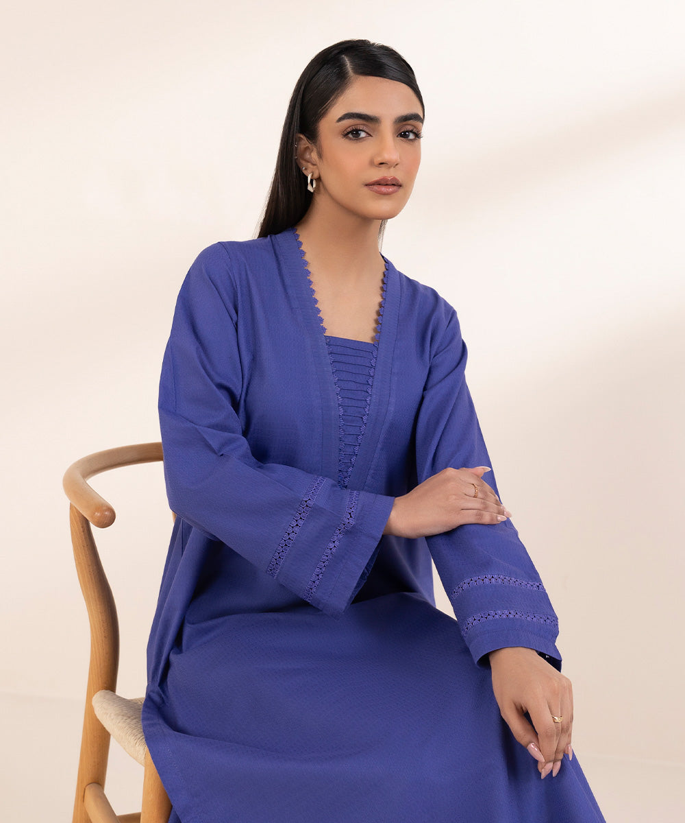 Women's Pret Arabic Dobby Blue Solid A-Line Shirt