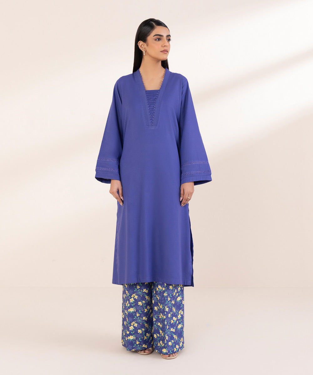 Women's Pret Arabic Dobby Blue Solid A-Line Shirt