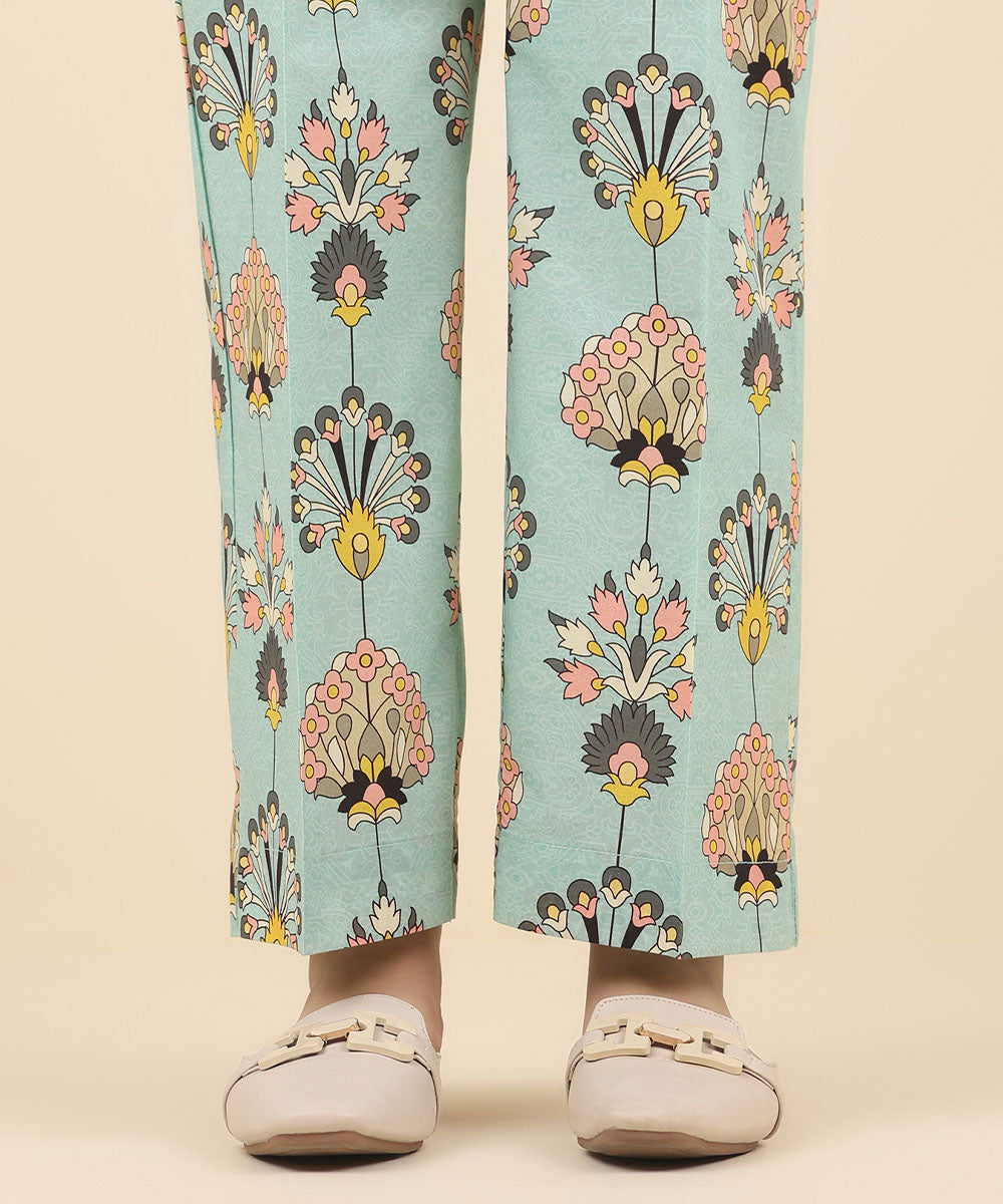 Women's Pret Cambric Blue Printed Straight Pants