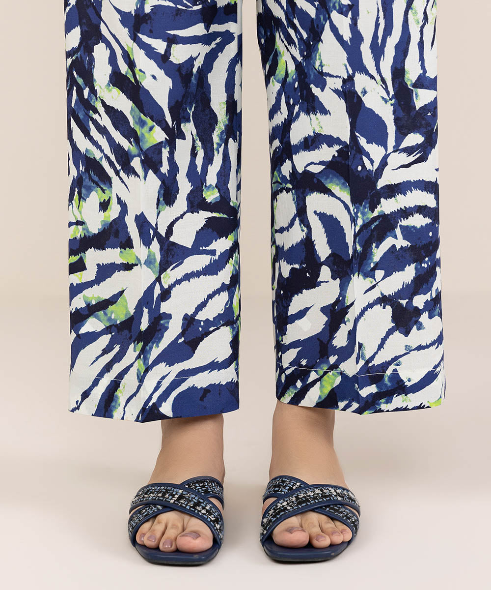 Women's Pret Cambric Blue Printed Straight Pants