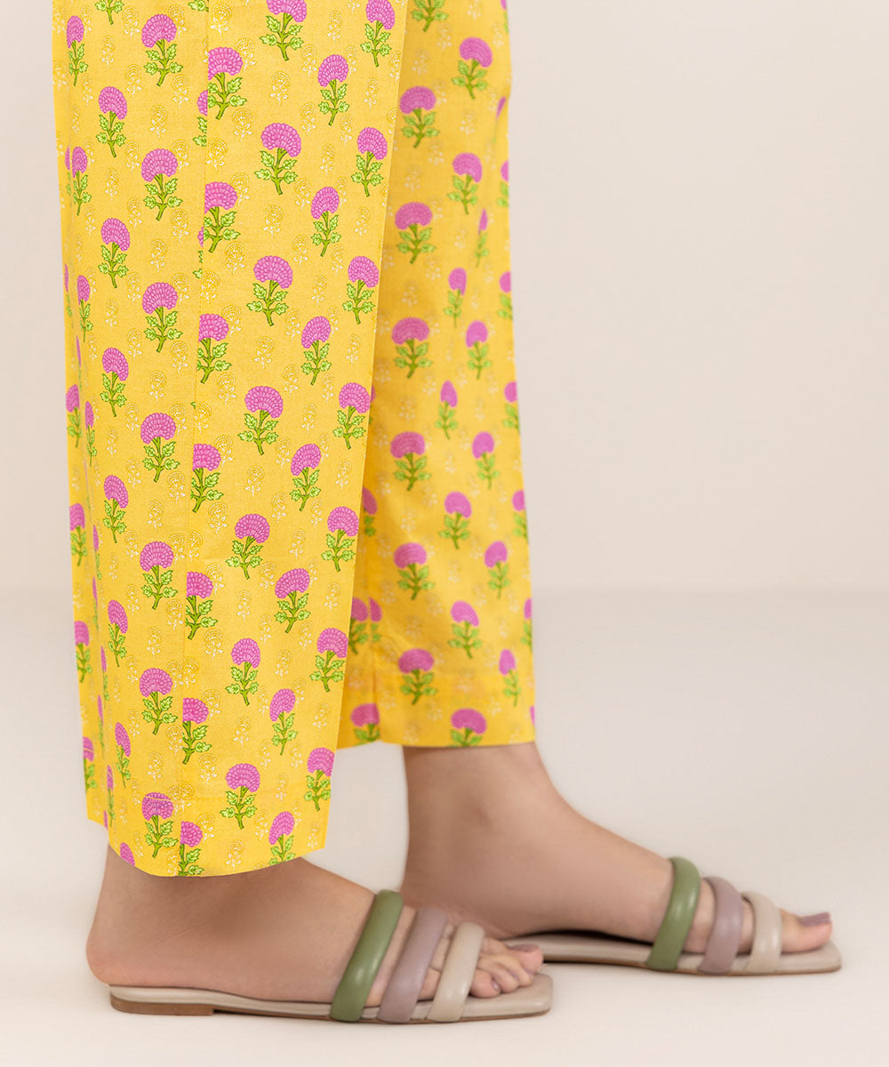 Women's Pret Cambric Yellow Printed Straight Pants