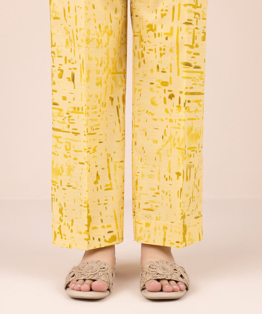 Women's Pret Cambric Yellow Printed Straight Pants