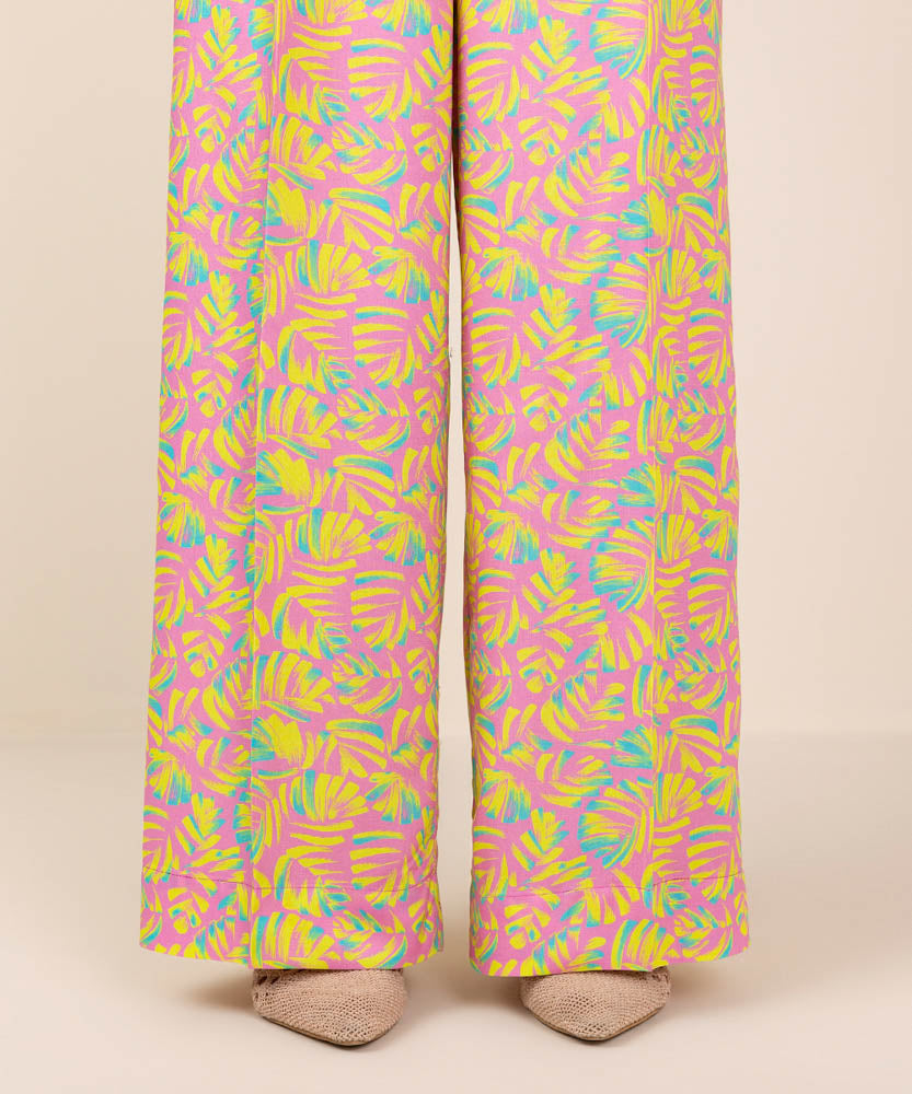 Women's Pret Bubble Gum Pink Printed Linen Straight Pants