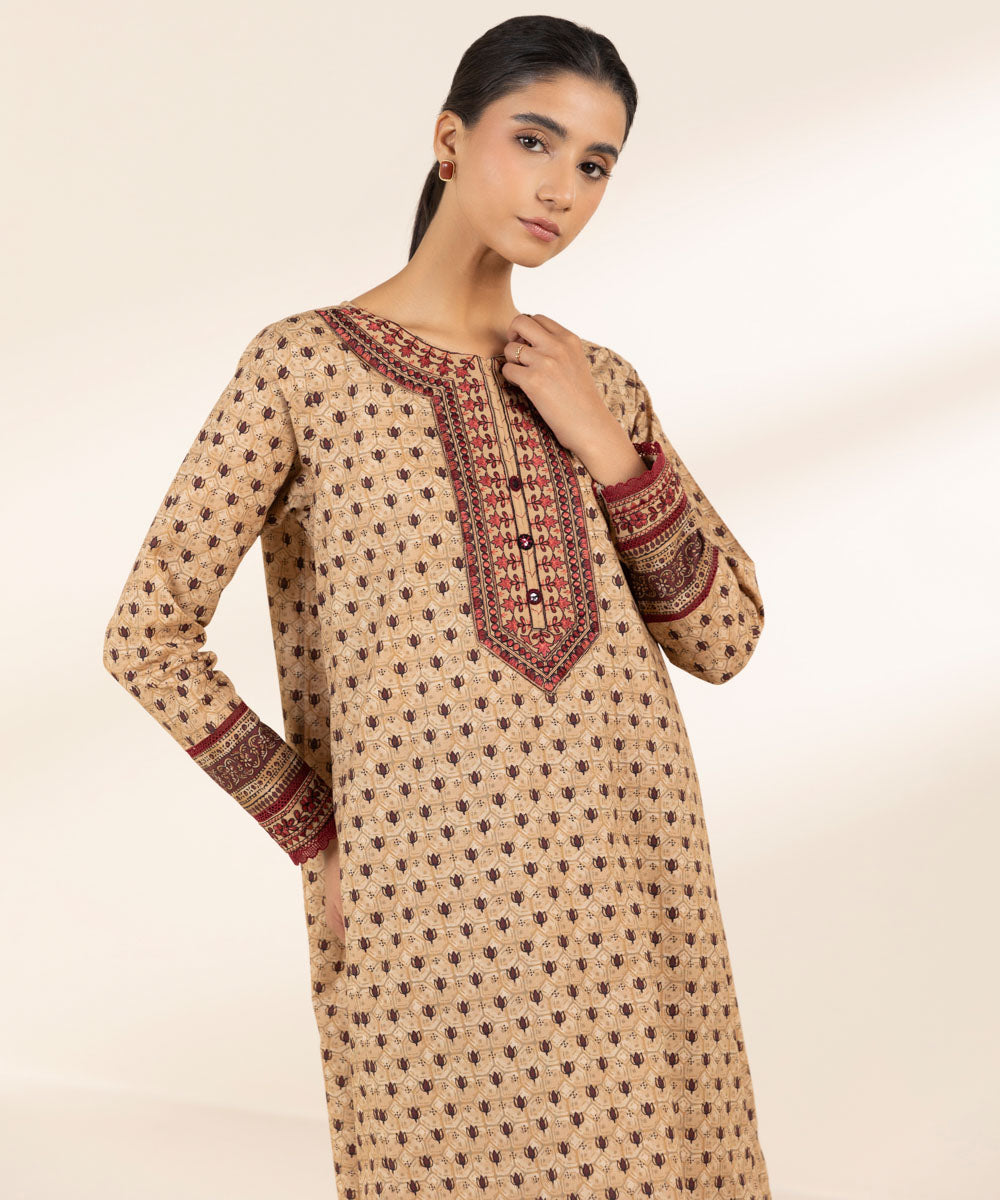 Women's Pret Cambric Beige Embroidered A-Line Shirt