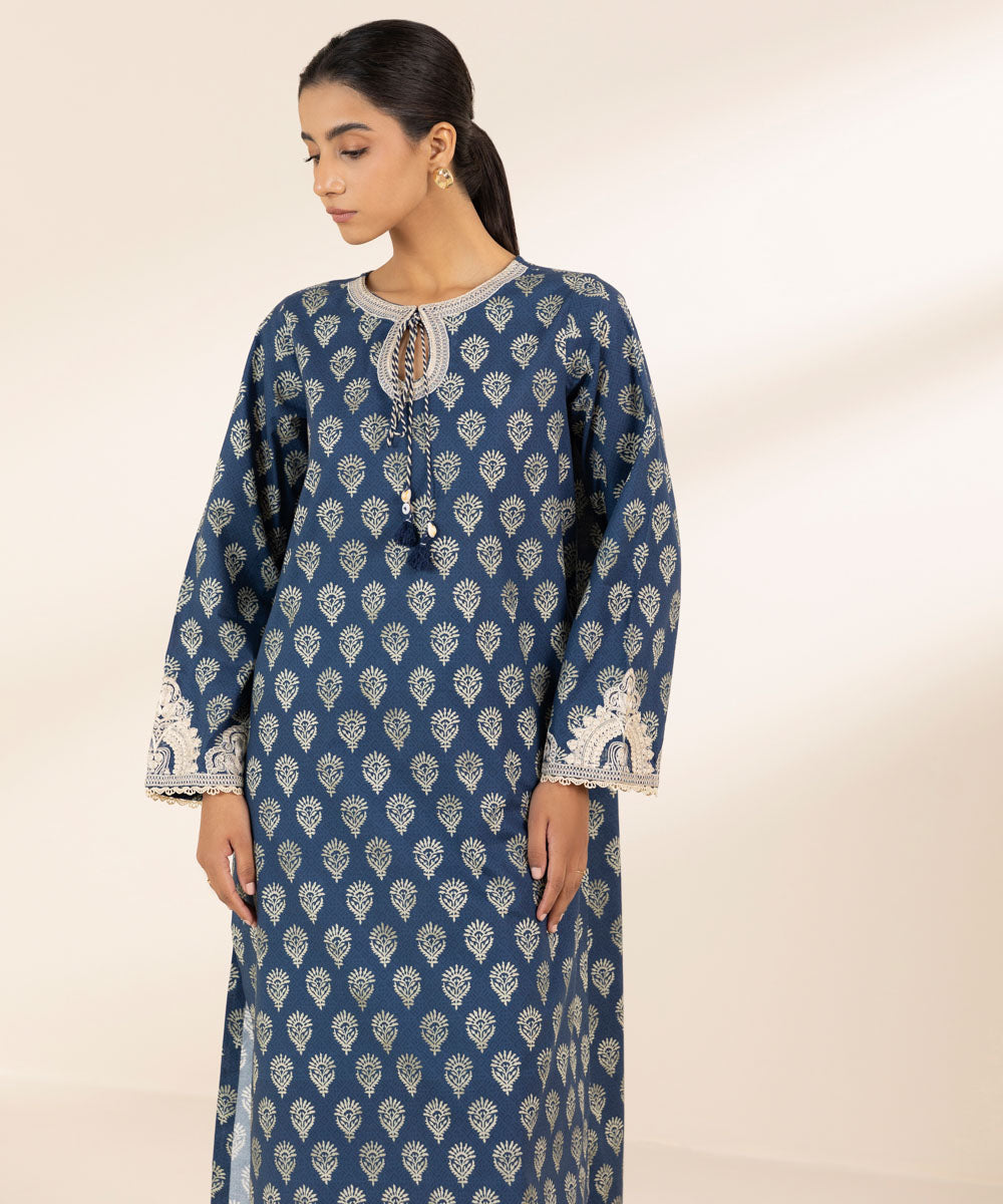 Women's Pret Cambric Blue Printed A-Line Shirt