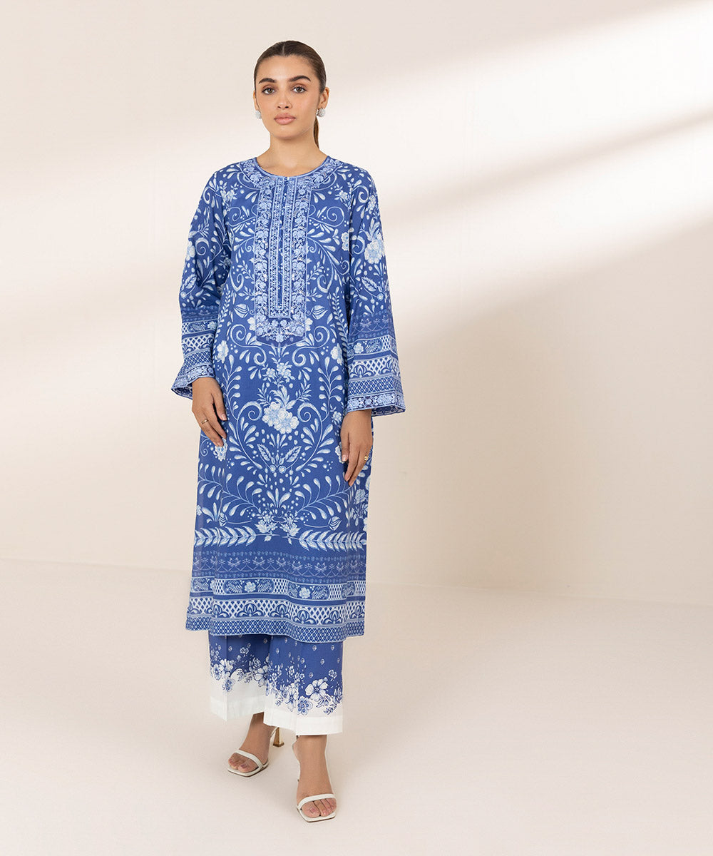 Women's RTW Lawn Blue Embroidered A-Line Shirt