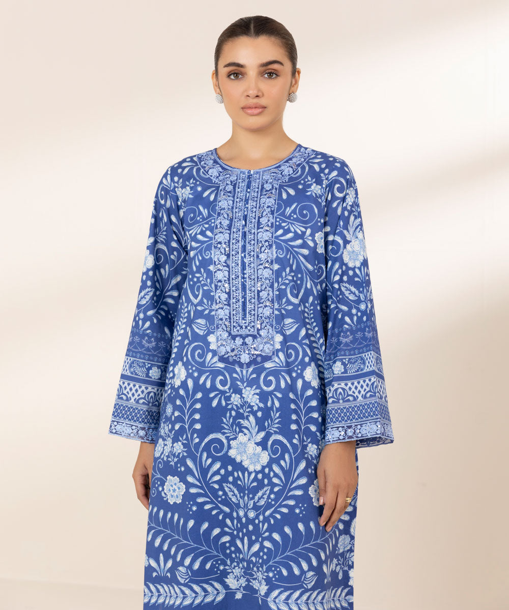 Women's RTW Lawn Blue Embroidered A-Line Shirt