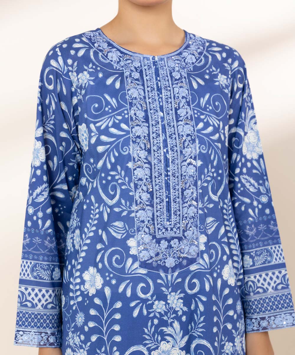 Women's RTW Lawn Blue Embroidered A-Line Shirt