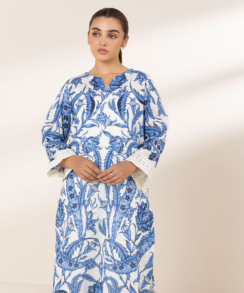 Women's RTW Lawn Blue Embroidered A-Line Shirt
