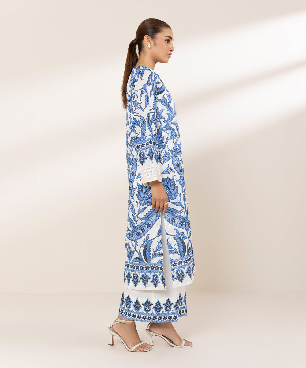 Women's RTW Lawn Blue Embroidered A-Line Shirt