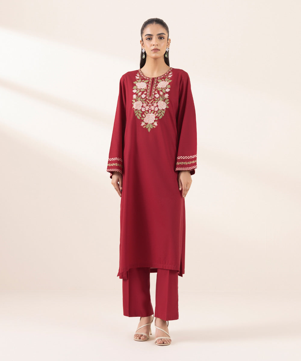 Women's RTW Cotton Viscose Red Embroidered A-Line Shirt