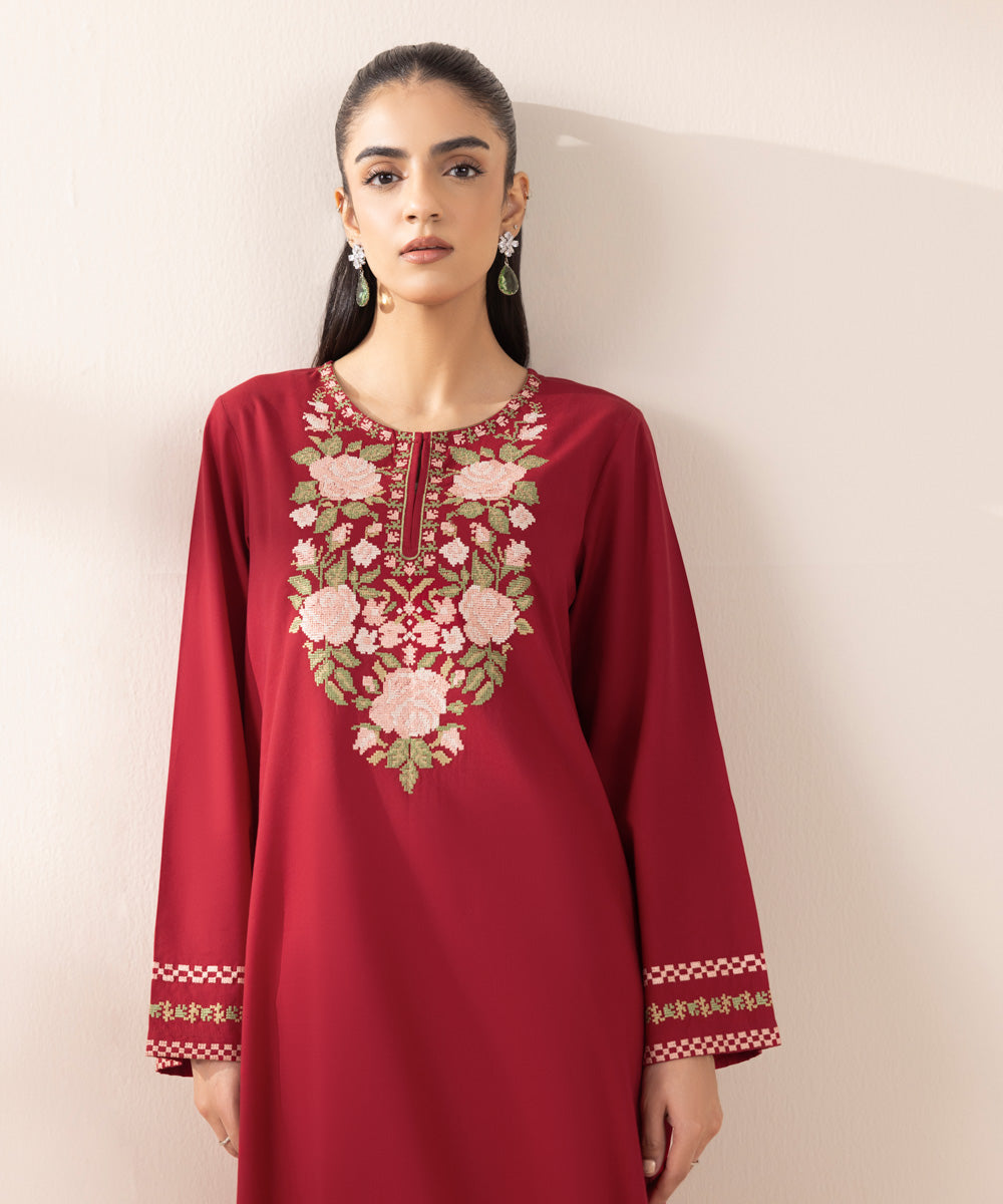 Women's RTW Cotton Viscose Red Embroidered A-Line Shirt
