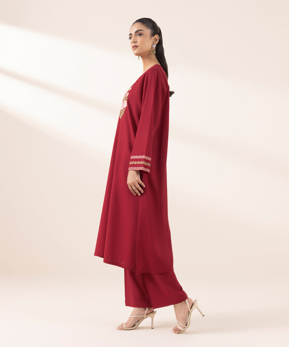 Women's RTW Cotton Viscose Red Embroidered A-Line Shirt