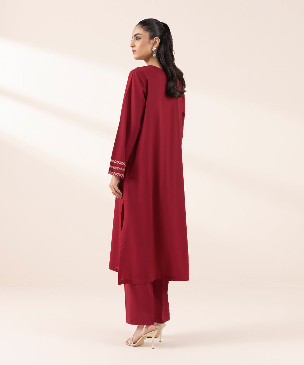 Women's RTW Cotton Viscose Red Embroidered A-Line Shirt
