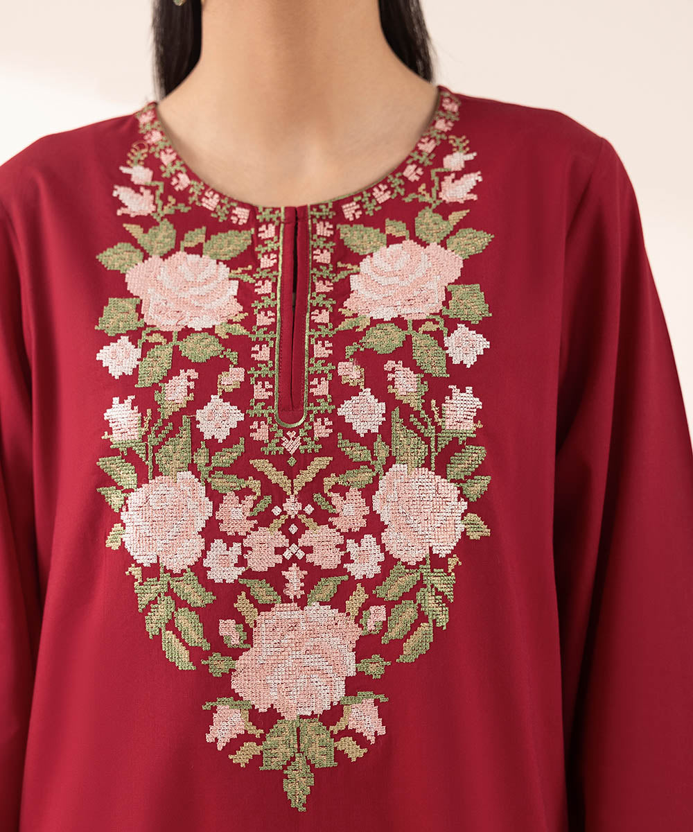 Women's RTW Cotton Viscose Red Embroidered A-Line Shirt
