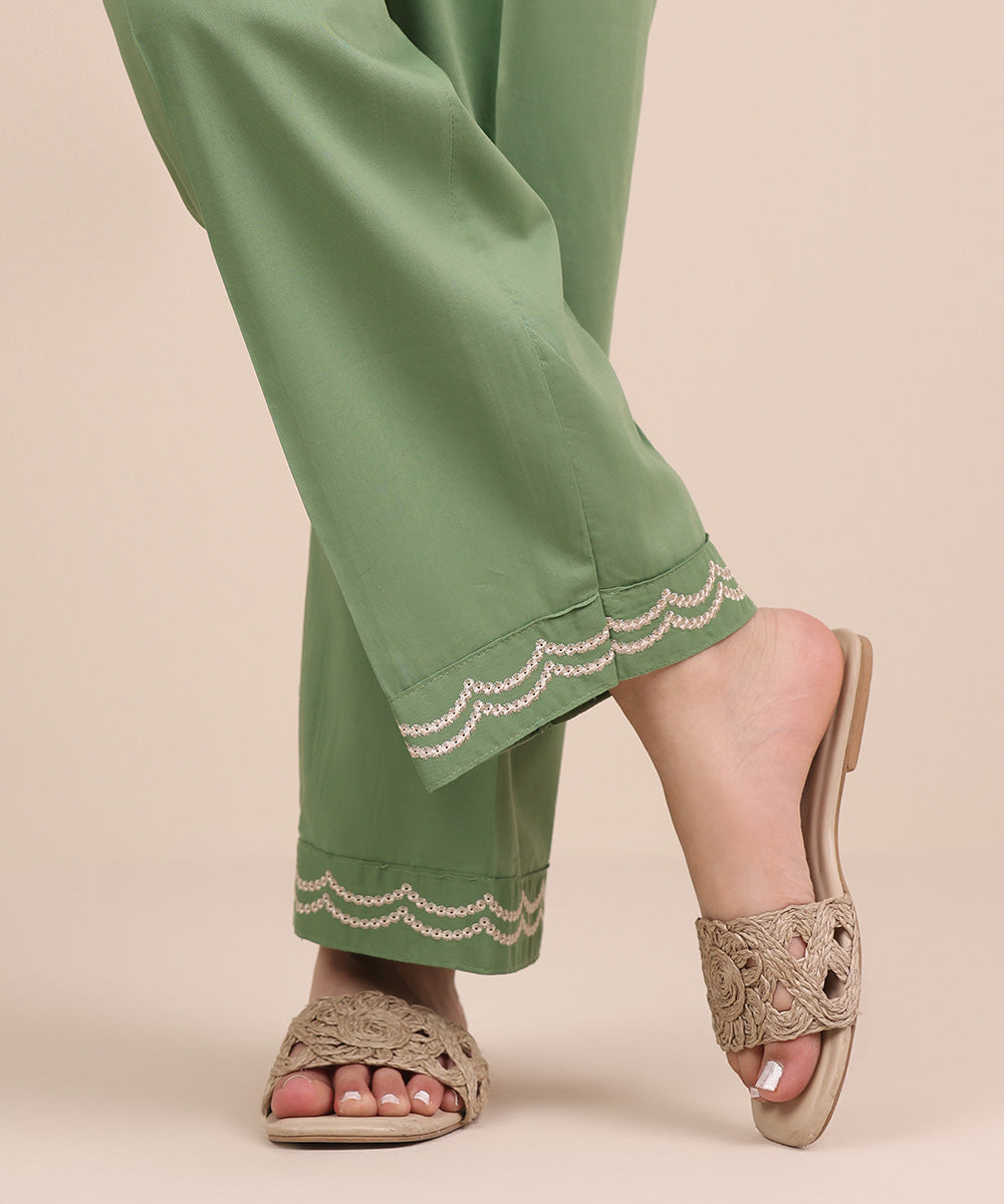 Women's RTW Cotton Viscose Green Embroidered Straight Pants