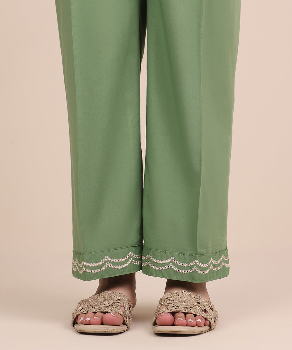 Women's RTW Cotton Viscose Green Embroidered Straight Pants