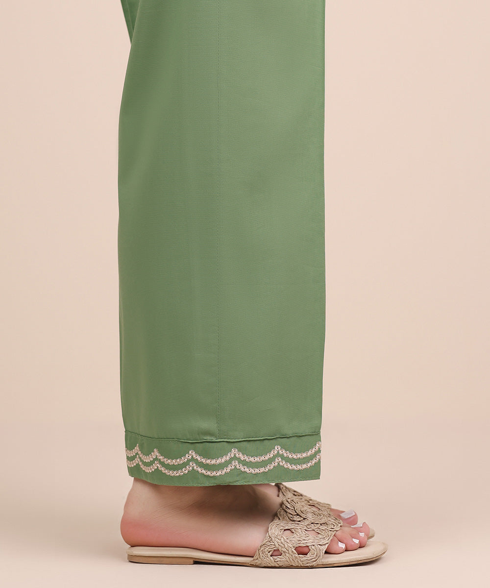 Women's RTW Cotton Viscose Green Embroidered Straight Pants