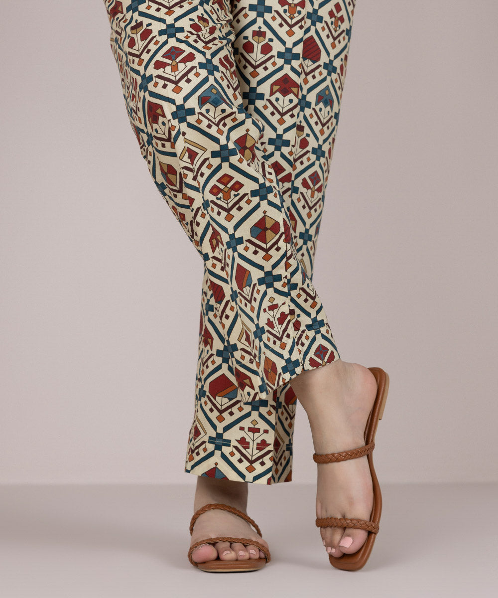 Women's Pret Cotton Beige Printed Straight Pants