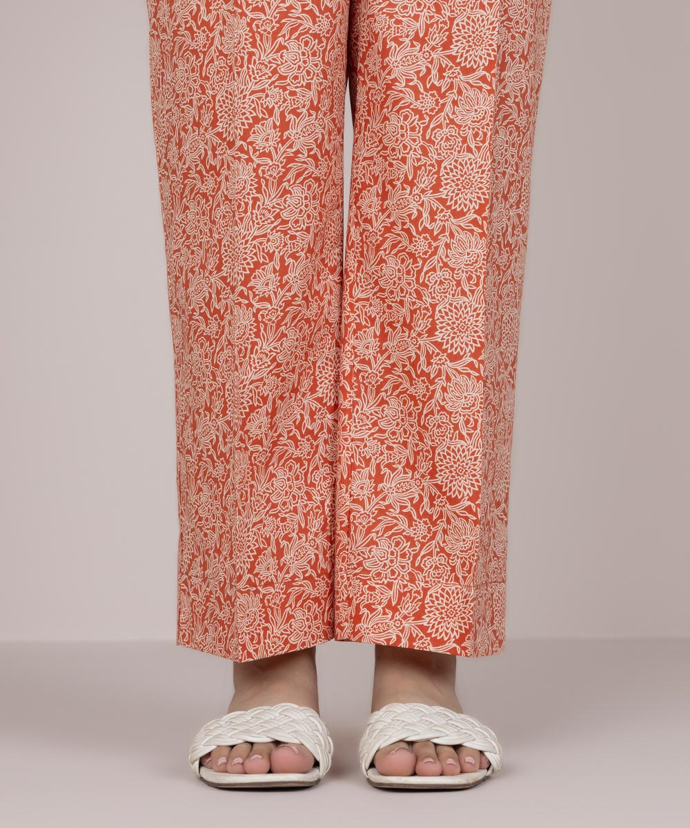 Women's Pret Cotton Orange Printed Straight Pants