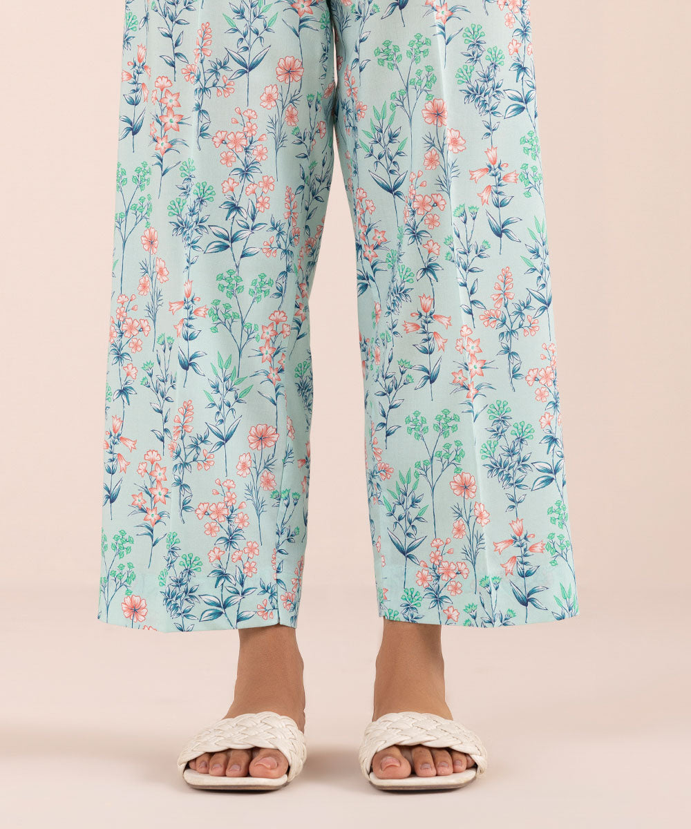 Women's Pret Cotton Blue Printed Straight Pants