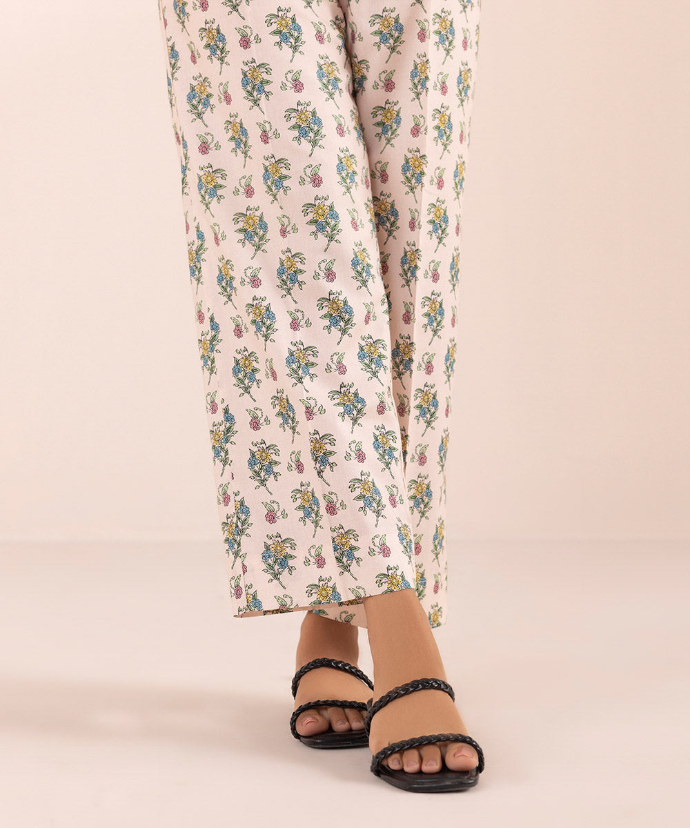 Women's Pret Cotton Beige Printed Straight Pants