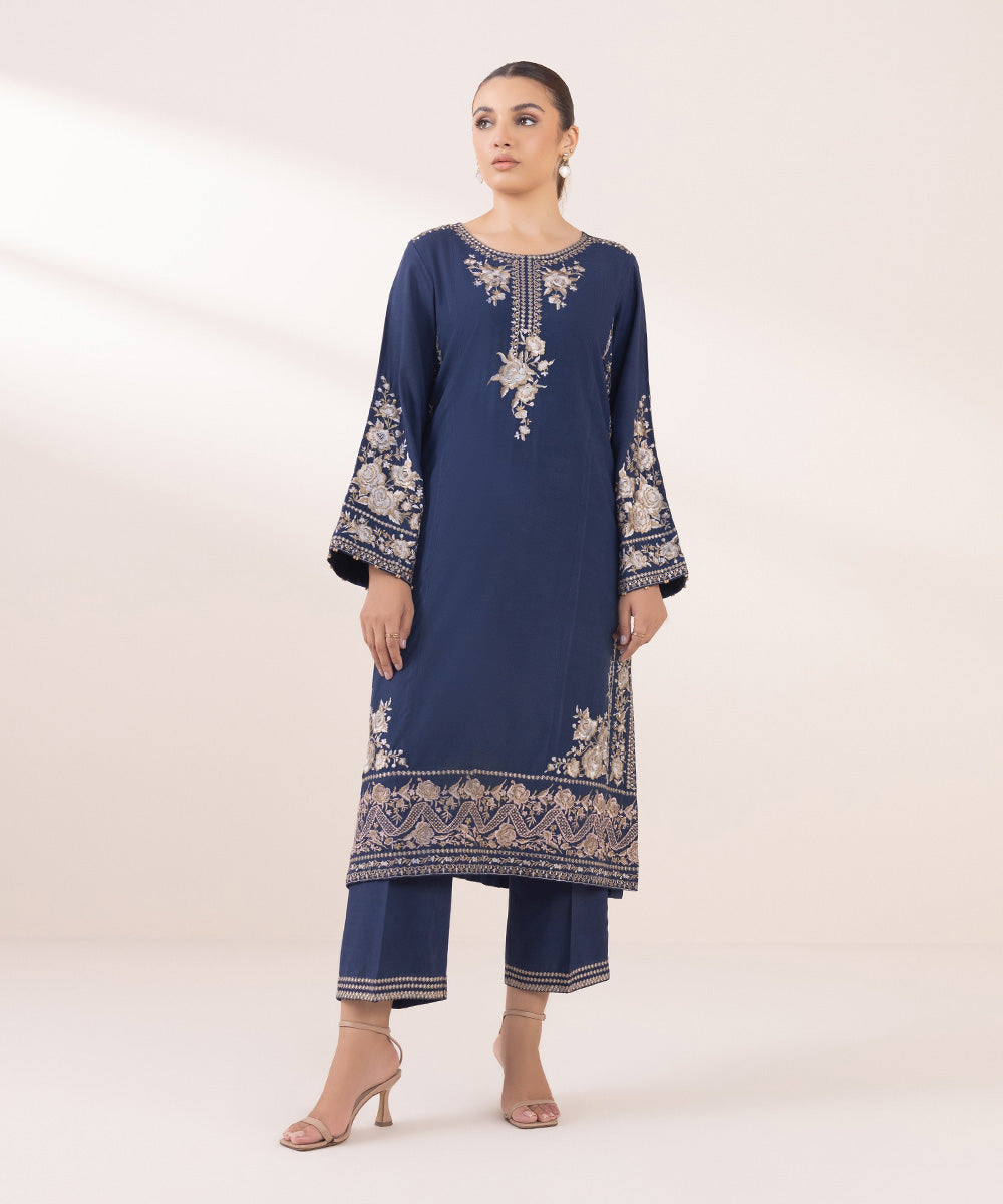 Women's Pret Linen Embroidered Navy Blue Straight Shirt