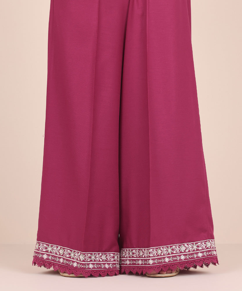 Women's Pret Solid Embroidered Magenta Dull Raw Silk Flared Trousers