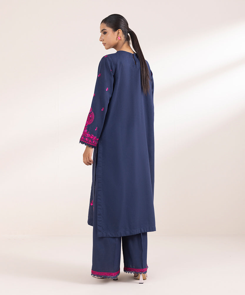 Women's Pret Solid Embroidered Navy Blue Cotton Karandi A Line Shirt