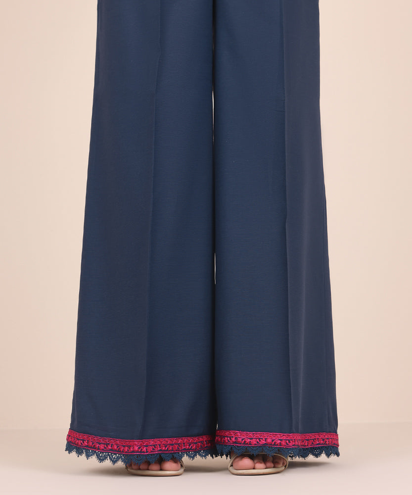 Women's Pret Solid Embroidered Navy Blue Dull Raw Silk Flared Trousers