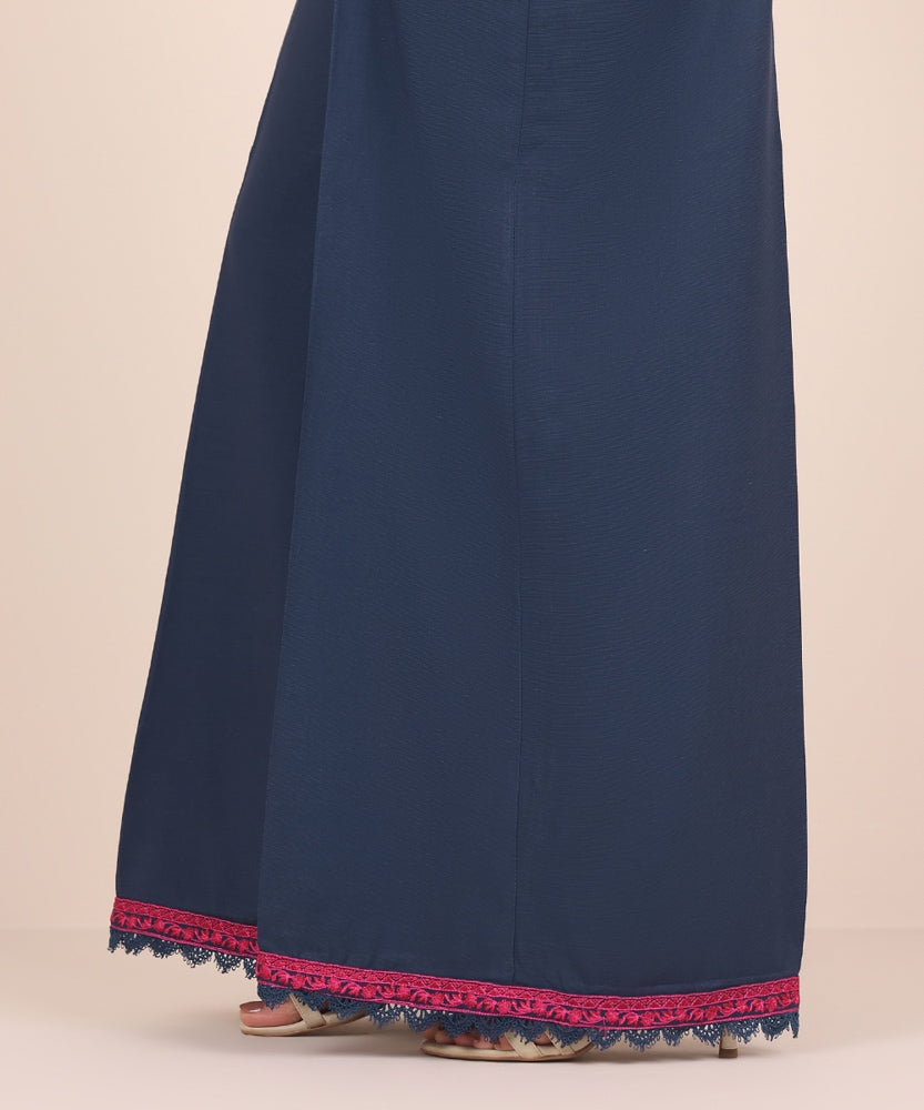 Women's Pret Solid Embroidered Navy Blue Dull Raw Silk Flared Trousers