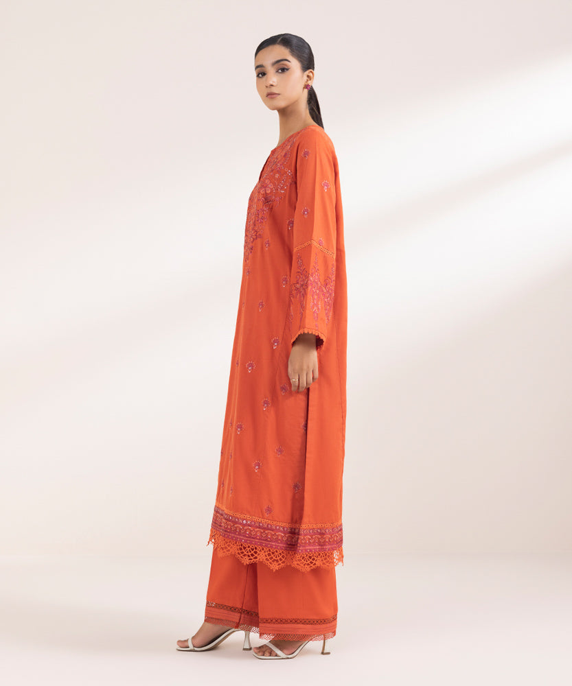 Women's Pret Solid Embroidered Tangerine Cotton Karandi A Line Shirt