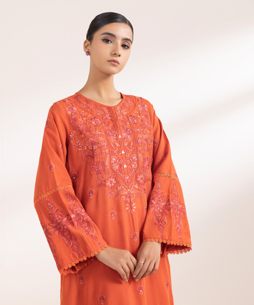 Women's Pret Solid Embroidered Tangerine Cotton Karandi A Line Shirt