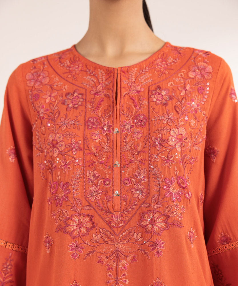 Women's Pret Solid Embroidered Tangerine Cotton Karandi A Line Shirt