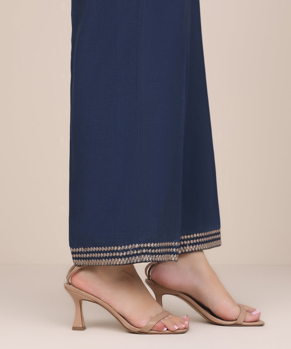 Women's Pret Dull Raw Silk Blue Embroidered Straight Pants