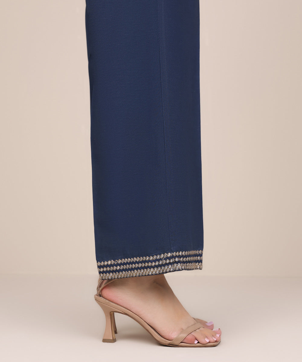 Women's Pret Dull Raw Silk Blue Embroidered Straight Pants